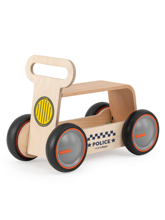 Mașinuță ride-on, premergător și cărucior de jucării MamaToyz DriveMe Wood, Poliție - Jucărie din lemn 3 in 1