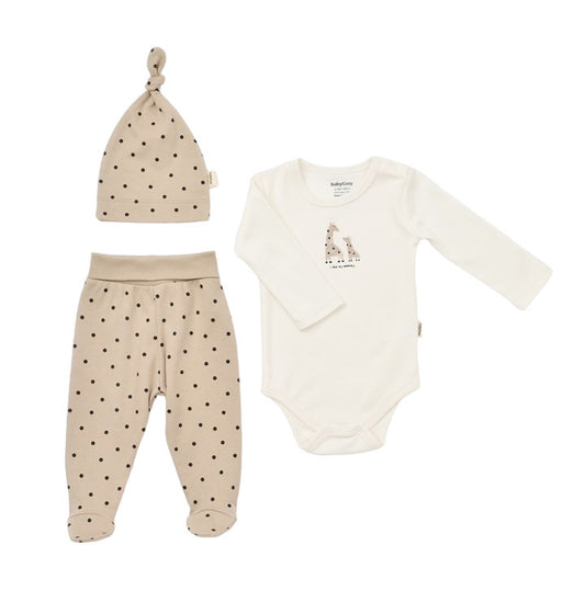 Set 3 piese: body, pantaloni și căciuliță Girafă, 100% bumbac organic