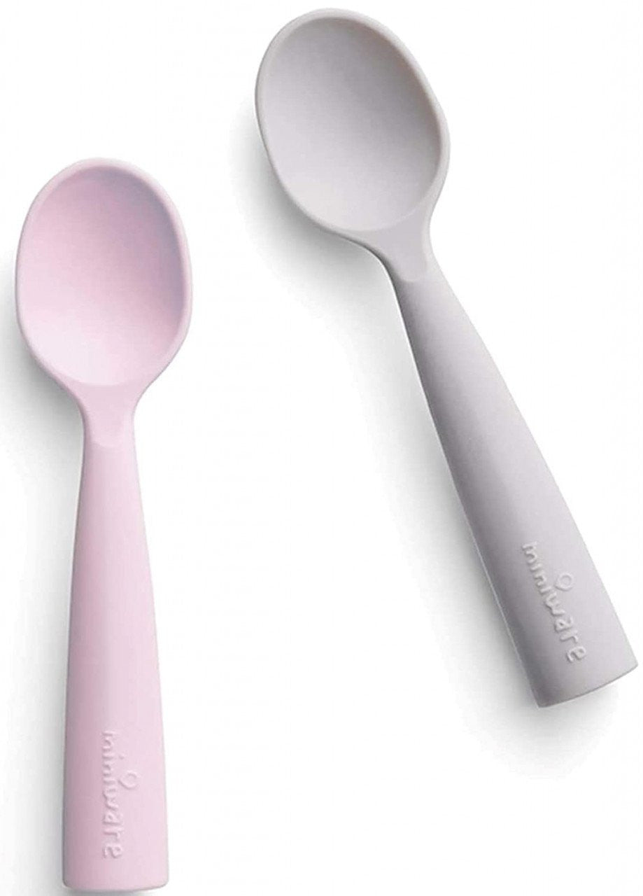 Set de lingurite bebelusi Miniware, 100% silicon alimentar, Grey+Cotton candy